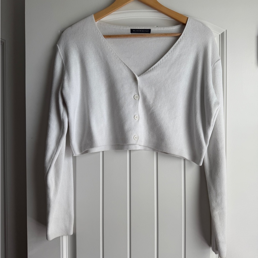 Brandy Melville Ribbes White Button-Up Cropped Cardigan